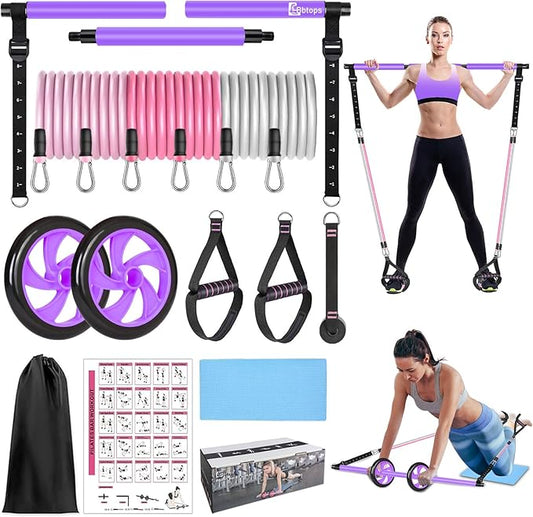Pilates Bar Kit with Resistance Bands,Ab Roller,2 in 1 Foot Strap & Handle,Door Anchor Pilates Equipment with Resistance Bands, Portable Home Gym Yoga Fitness Bar for Women & Men