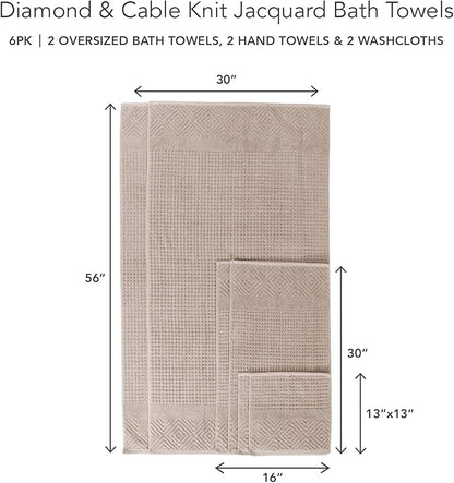 Texere 100% Organic Cotton Diamond Jacquard 700 GSM Luxury Bath Towel Sets - 2 Large Bath Towels, 2 Hand Towels, 2 Washcloths (Diamond, Oxford Tan, 6 Piece)