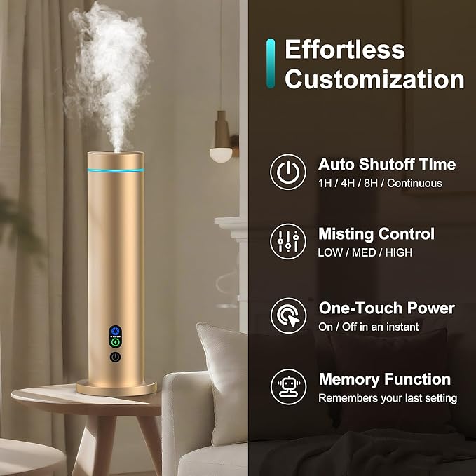 Waterless Diffuser, 1000 Sq.Ft Coverage, Essential Oil Diffuser with Tilt-Safe, Remote Control, Adjustable Mist Mode, Mood Lights Aromatherapy Diffuser for Home, Large Room, Office, Hotel, Gold