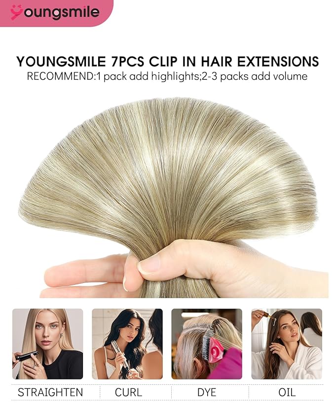 Youngsmile Clip in Hair Extensions 140 Grams 16 Inch 7Pcs Balayage Brown to Light Brown Mix Light Blonde Real Human Hair Extensions Clip in Silky Straight (7C#3/8/22-16Inch)