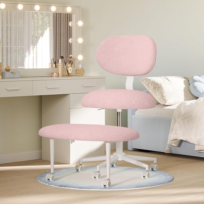 Ergonomic Cross Legged Office Chair with Wheels, ADHD Chair for Adults, Meditation Chair, Yoga Office Chair, Comfortable Back Support, Height Adjustable,Small Spaces, Teddy Fabric, Pink
