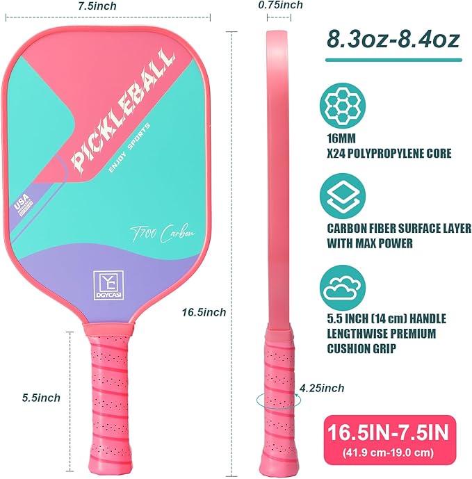 YC DGYCASI 16mm Pickleball Paddles Professional, USAPA Approved, T700 Carbon Fiber Pickleball Paddle Thermoformed, High Grit & Spin, 5.5” Elongated Handle, Handle Girth 4.25”, 8.3oz, with Cover Case