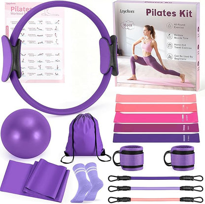 Pilates Essentials Kit for Women, 14-Inch Magic Circle Home Pilates Equipment with Pilates Ring and Ball Set, 5 Resistance Bands & Accessories for Home Workouts Beginners Essentials Starter Set