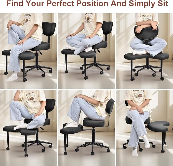 Meditation Chair, Cross Legged ADHD Office Chair for Adults with Wheels Ergonomic Back Support and Leg Rest for Multi Position Criss Cross Sitting Kneeling and Yoga Height Adjustable, Leather Style