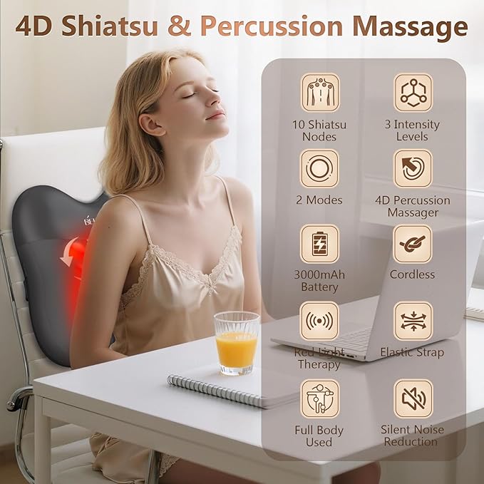 Shiatsu Back Massager with Heat,Percussion Massage Cordless Back Massage for Pain Relief Deep Tissue.4D Kneading Massage,Gift for Men Women Parents Relaxation at Christmas Office Car,Black