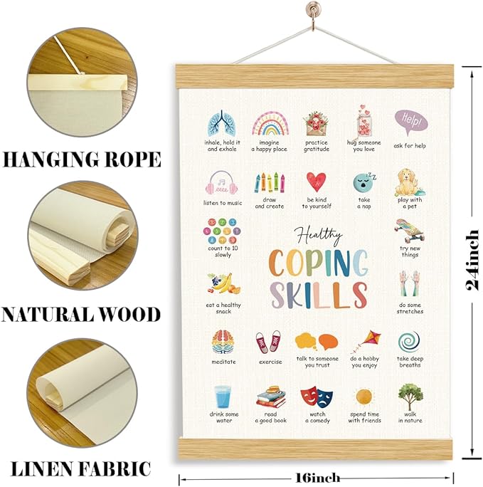 YGSDZY Coping Skills Poster, Wood Poster Hanger, Therapy Office Decor, School Psychology, Classroom Decor, Mental Health Posters, Therapy Wall Art Decoration, Mental Health Wall Decoration