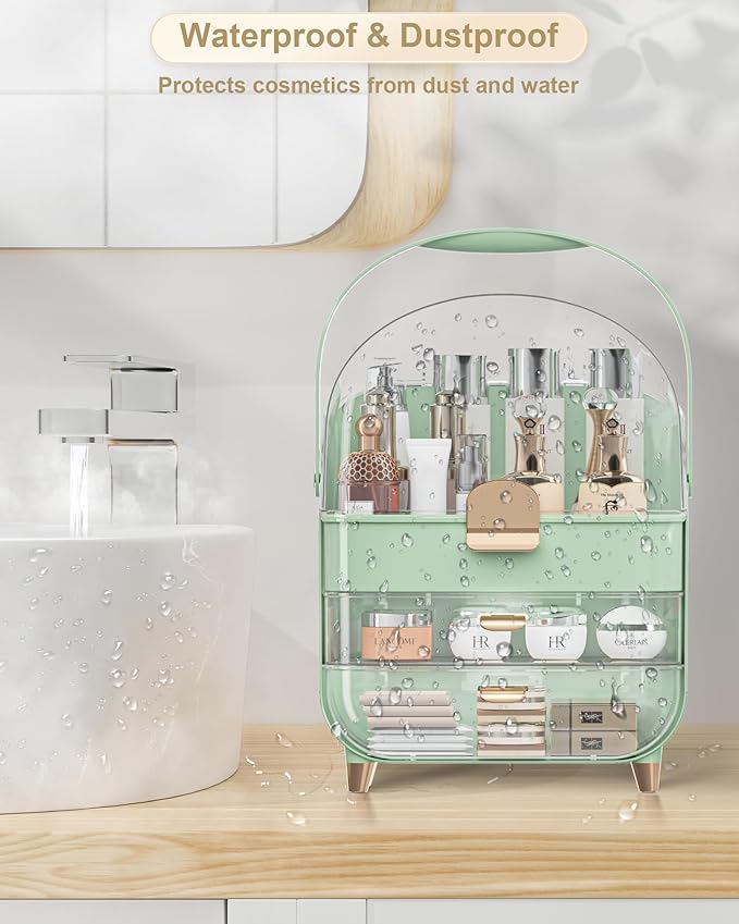 Makeup Organizer with Lipstick Holder, Skincare Organizers Storage Box Cosmetic Display Cases, Teen Girl Gifts Make up Organizers for Vanity, Dresser, Countertop, Bathroom(Green)
