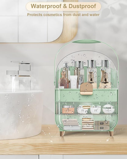 Makeup Organizer with Lipstick Holder, Skincare Organizers Storage Box Cosmetic Display Cases, Teen Girl Gifts Make up Organizers for Vanity, Dresser, Countertop, Bathroom(Green)