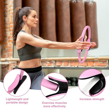 21 Pcs Pilates Ring Circle Set Home Pilates Equipment Kit for Women Pilates Equipment Home Workout Equipment Set Includes 9.8 In Ball Yoga Ring Stretching Strap 8 Resistance Bands Non Slip Socks, Pink