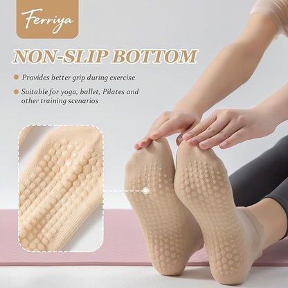 4 Pairs Grip Socks for Yoga, Non Slip Sticky Socks with Pull Tab and Mesh, For Barre and Daily Training Use