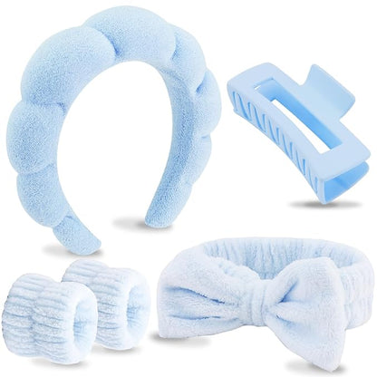 VELSCRUN Spa Headbands for Wash Face, Makeup Headband, Facial Skincare Headbands, 5 Pcs Blue Puffy Sponge Spa Headband Bow Tie Hair Band Hair Clips Wristband Set Women Girls Accessories
