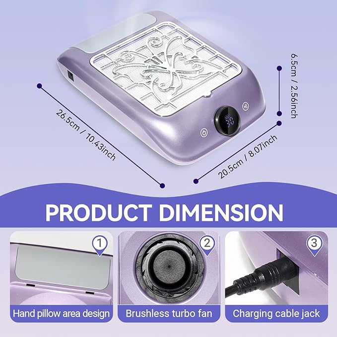 Rechargeable Nail Dust Collector with LED Display - Adjustable Speed, Professional Powerful Suction Vacuum Fan Dust Cleaner with Reusable Filter for Acrylic Nails Polishing Manicure Salon Home Purple