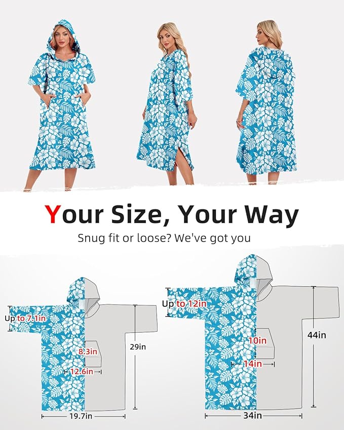 Abahub Surf Poncho Men & Women Towel Poncho Adult with Hood, Thick Quick Dry Changing Poncho Towel, Microfiber Wearable Cover Up for Surfing Beach Swim - Absorbent Changing Towel L (Blue Flower)