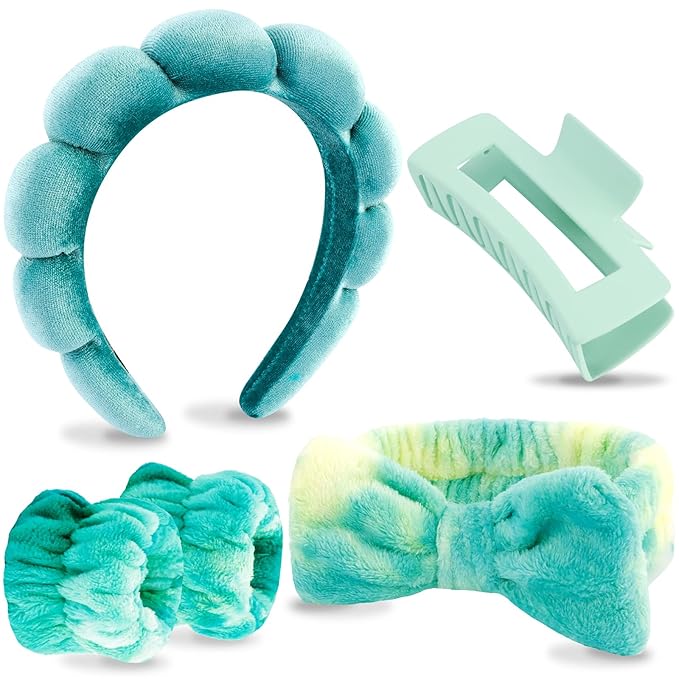 VELSCRUN Spa Headband, Makeup Face Wash Skincare Headbands, 5 Pcs Green Colorful Sponge Bow Tie Get Ready HairBand Facial Wristband Hair Clips Set, Stuff for Teen Girls Women Trendy Hair Accessories