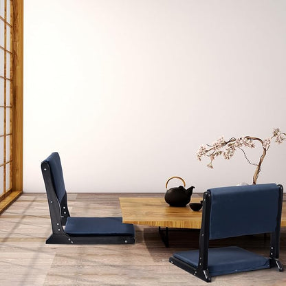 HollyHOME Foldable Tatami Chair, Upholstered Japanese Style Floor Chair, Wood Legless Back Rest Chair with Cushion, Accent Meditation Floor Seat for Bay Window, Living Room, Bedroom, Dark Blue