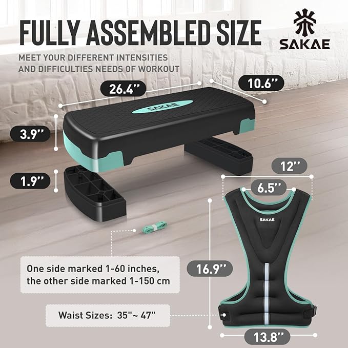 Adjustable Height Aerobic Stepper Set, Multiple Bundle Options with Dumbbells, Kettlebell, Waist Trimmer, Ankle Weights or Weighted Vest, Workout Exercise Step Platform w/Level Risers, 4 Colors