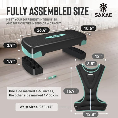 Adjustable Height Aerobic Stepper Set, Multiple Bundle Options with Dumbbells, Kettlebell, Waist Trimmer, Ankle Weights or Weighted Vest, Workout Exercise Step Platform w/Level Risers, 4 Colors