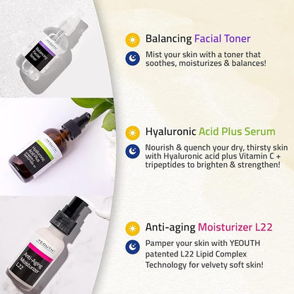 YEOUTH Skin Care Set: Hyaluronic Acid Serum with Vitamin C, Face Toner, Face Moisturizer, Skincare Kit for Hydrating and Smooth Looking Skin, Facial Kit 3-Piece