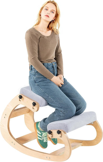 Ergonomic Office Kneeling Chair,Wooden Posture Knee Desk Chair for Work,Yoga Rocking Chairs for Relieve Back Pain,Kneel Adjustable Chair for Gaming,Home
