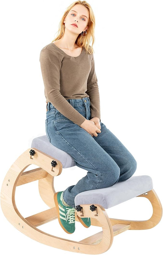 Ergonomic Office Kneeling Chair,Wooden Posture Knee Desk Chair for Work,Yoga Rocking Chairs for Relieve Back Pain,Kneel Adjustable Chair for Gaming,Home