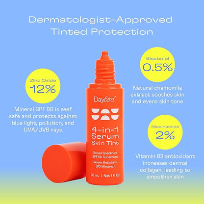 Daybird 4 in 1 Tinted Serum, Tinted Moisturizer and Sunscreen for Face, SPF 50+ Niacinamide, 1 Ounce (light)