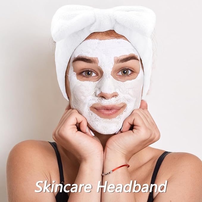 VELSCRUN Spa Headbands for Wash Face, Makeup Headband, Facial Skincare Headbands, 5 Pcs White Puffy Sponge Spa Headband Bow Tie Hair Band Hair Clips Wristband Set Women Girls Accessories