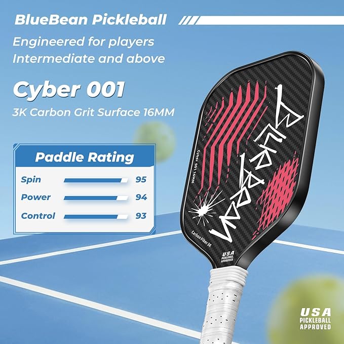 Pickleball Paddles,USAPA,Carbon Fiber Pickleball Paddle with 16MM Polymer Honeycomb Core Provides Lighter Weight&Higher Grit&Spin,Engineered for Professional Players,BlueBean