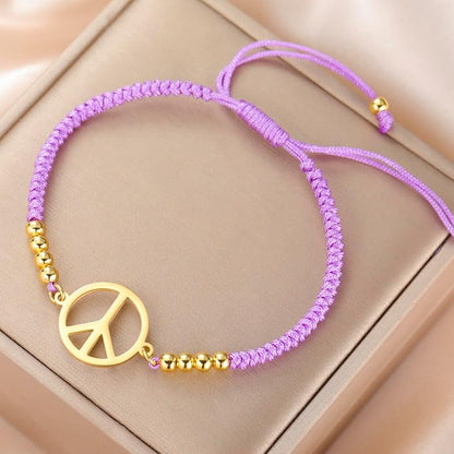 LIKGREAT Peace Sign Pendant Bracelet for Women Peace Symbol Adjustable Handmade Braided Wax Cords Beaded Bracelet