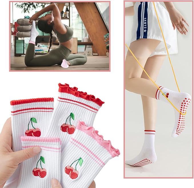 3 Pairs Pilates Socks,Socks Woman,Love Heart Anti Slip Particles,Mid Calf Yoga Socks for Pilates,Ballet,and Yoga