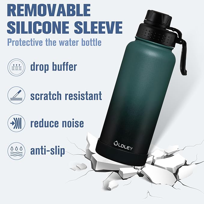 OLDLEY 32 oz Insulated Water Bottle With Straw, Stainless Steel Sports Water Cup Flask with 3 Lids(Straw, Spout and Handle Lid) Double Walled Travel Thermal Canteen Mug,Midnight Black