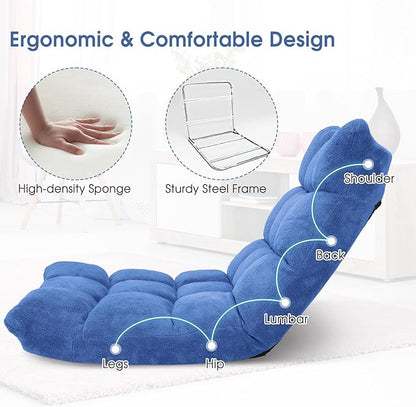 Giantex Floor Chair with Back Support, 14 Adjustable Position, Padded Sleeper Bed, Couch Recliner, Gaming Floor Chairs for Adults, Meditation, Gaming Chair Floor, Blue