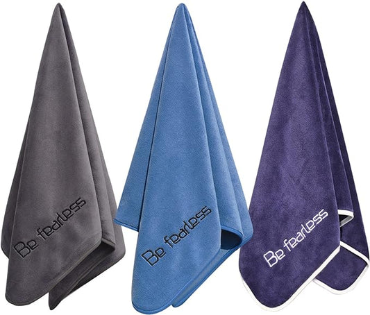 Microfiber Gym Towels Bigger Size Super Soft for Exercise Fitness, Sports, Workout, 380-GSM 15-Inch x 31-Inch Quick-Drying Towels (3 Pack, Grey+Blue+Navy Blue)