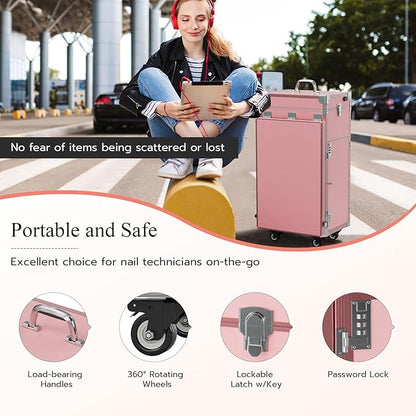 Icoget Portable Rolling Manicure Table for Nail Teach, Foldable Traveling Nail Desk w/Storage, Mobile Nail Table w/Audio and Mirror, Makeup Train Case Cosmetic Trolley, Pink