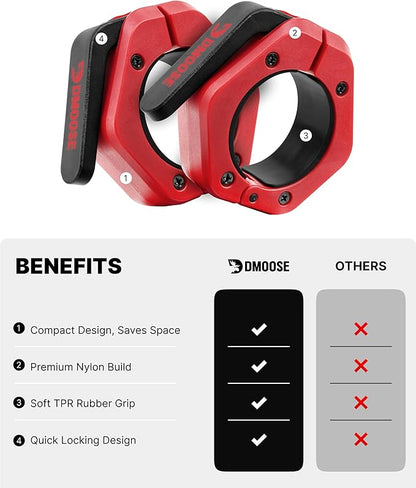 DMoose Fitness Barbell Clips 2 Inch (Pair) - Quick Release Olympic Barbell Clamps & Collars with Anti Slip TRP Grip for Secure Weightlifting and Powerlifting - Weight Clips for Bars at Home or Gym
