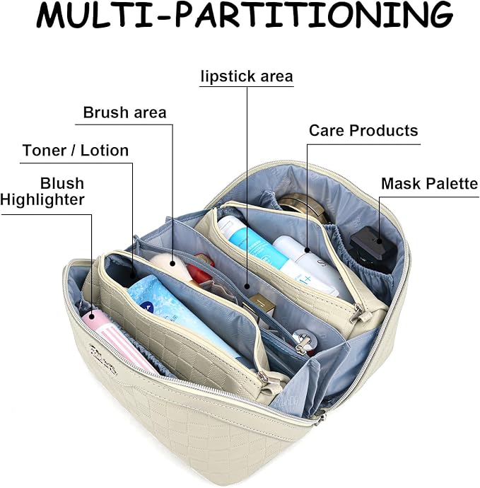 BOYATU Travel Makeup Bag Organizer Cosmetic Bag: 3 Pcs Set Make up Bags for Women with Handle - Waterproof Vegan Leather Toiletry Bags Travel Essentials Pouch with Compartments (C-04-Beige)