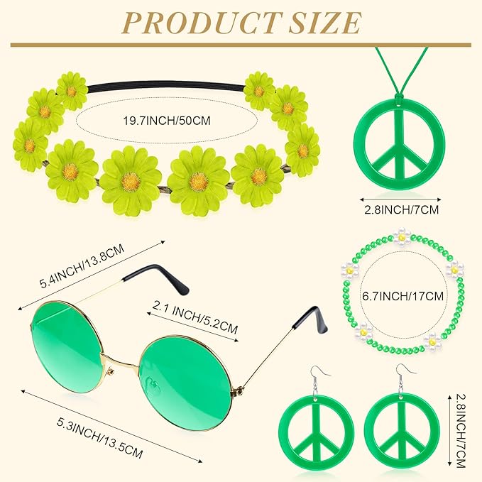 Batiyeer 6 Pcs Hippie Costume Accessories Set, Boho Peace Sign Daisy Flower 60s 70s Party Favors Decor for Groovy Party Women