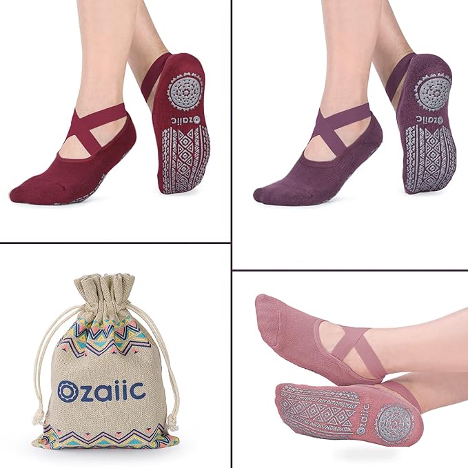 Ozaiic Yoga Socks for Women Non-Slip Grips & Straps, Ideal for Pilates, Pure Barre, Ballet, Dance, Barefoot Workout