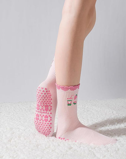Yawlsow Pilates Grip Socks for Women Yoga Grippy Socks Cute Barre Non Skid Athletic Crew Sticky Sock Workout Hospital