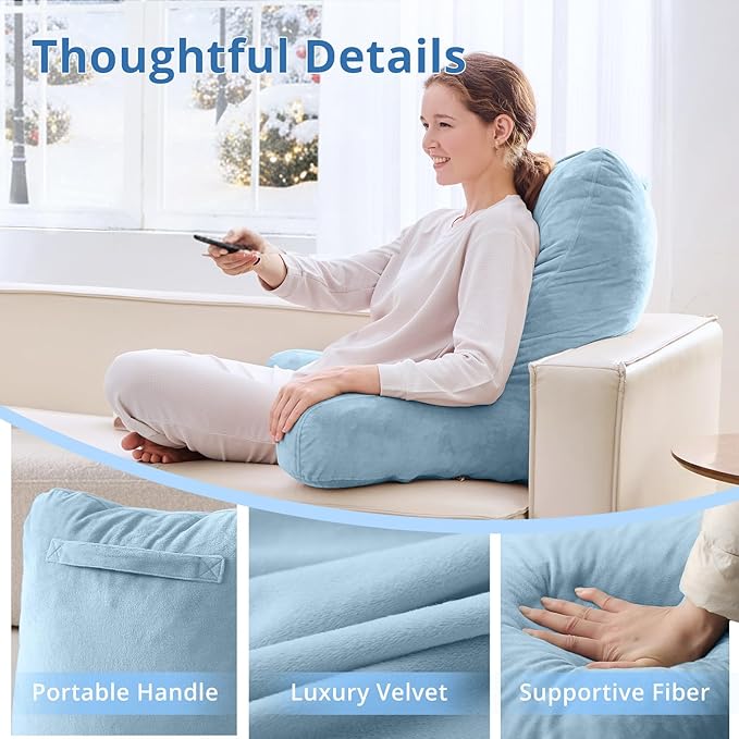 Sasttie 25-inch Reading Pillows for Sitting in Bed Adult, Jumbo Velvet Back Pillow Bed Sitting Up, XL High Back-Rest Support Cushion for Sit Up on Couch & Floor, Oeko-Tex Certified, Dusty Blue