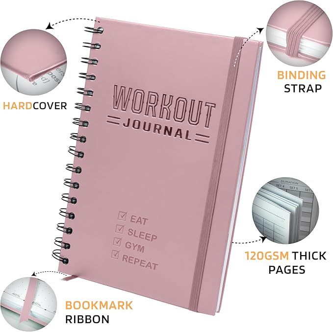 Hardcover Workout Planner Fitness Journal for Women & Men - A5(5.7" x 8.3") Sturdy Workout Log Book to Track Gym & Home Workouts - Pink