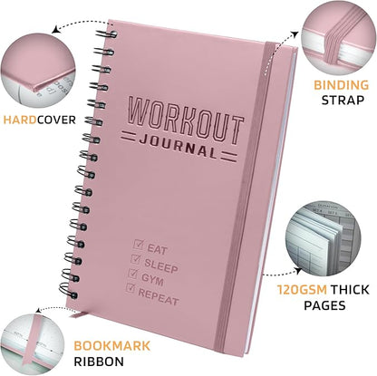 Hardcover Workout Planner Fitness Journal for Women & Men - A5(5.7" x 8.3") Sturdy Workout Log Book to Track Gym & Home Workouts - Pink