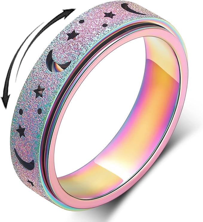 Anxiety Ring for Women Spinner Ring Fidget Ring Fidget Toys Adults Thumb Spinner Rings for Men Stainless Steel Moon Star Rainbow Size 9
