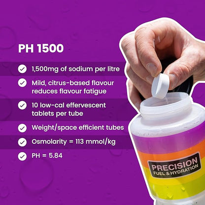 Precision Hydration Electrolyte Drink - Multi Strength Effervescent Hydration Tablets - Combats Cramp - Low Calorie, Gluten Free, Vegan/Vegetarian Friendly (12 Tubes, 1500mg/L - Purple Tube)