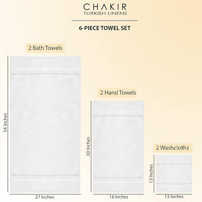 Chakir Turkish Linens 100% Cotton Premium Turkish Towels for Bathroom | 2 Bath Towels - 2 Hand Towels, 2 Washcloths (6-Piece Towel Set, White)