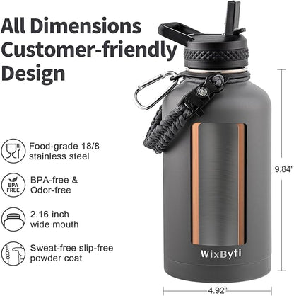 64 oz Insulated Water Bottle with Straw (Cold for 48 Hrs), Half Gallon Stainless Steel Triple Wall Vacuum Sports Water Jug, Leakproof Hydro Cup Flask with Straw Spout Lids & DIY Stickers