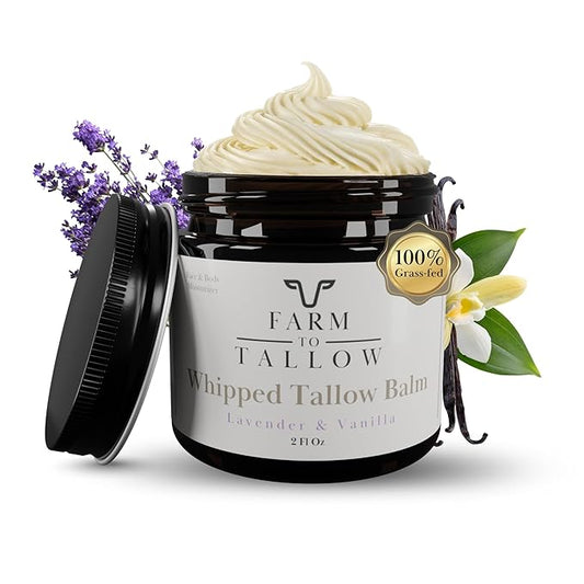 FARM TO TALLOW 100% Grass-Fed Beef Tallow for Skin, Face & Body – Lavender Vanilla Moisturizer Made with Olive Oil – Gentle & Hydrating Natural Skincare Cream for Dry, Sensitive Skin – 2 Oz
