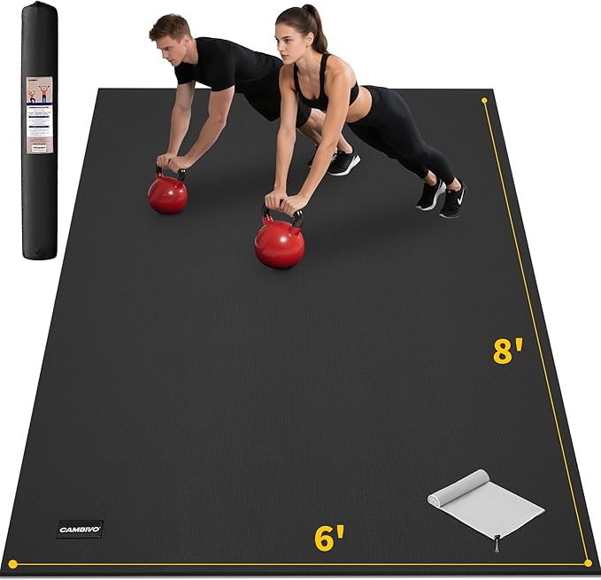 CAMBIVO Large Exercise Mat for Home Workout, 8'x6'/7'x5'/6'x4' (7 mm) Extra Thick Exercise Mat for Home Gym, Shoe-Friendly, Non-Slip Gym Mat for Jump Rope, Weights, Cardio, Fitness
