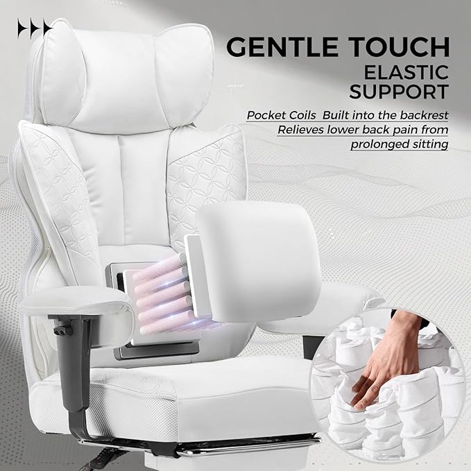 COMHOMA Big and Tall Office Chair 400LBS Wide Ergonomic Gaming Chair with Deluxe Embossing Designed Leather with Foot Rest,150°Reclining Adjustable Armrests Pocket Spring Back Support and Pillow