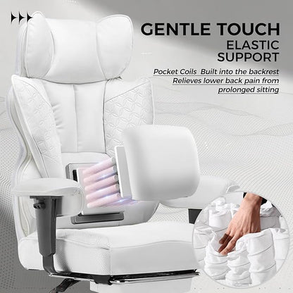 COMHOMA Big and Tall Office Chair 400LBS Wide Ergonomic Gaming Chair with Deluxe Embossing Designed Leather with Foot Rest,150°Reclining Adjustable Armrests Pocket Spring Back Support and Pillow