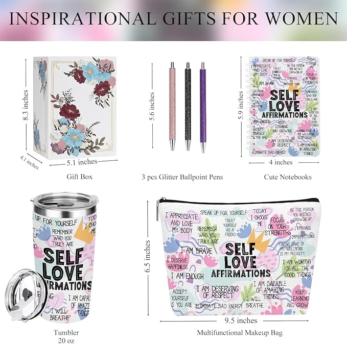 jeilink Positive Affirmations Self Love Mental Health Gifts Inspirational Gifts for Women Wife Sister Grandma Birthday Appreciation Anniversary, 20oz Tumbler Makeup Bag Ballpoint Pen Notebook 6PCS